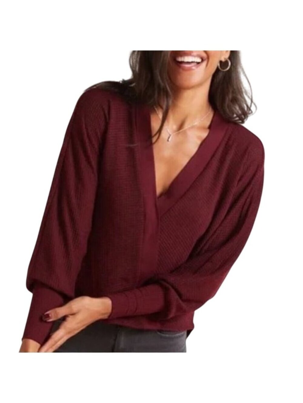 Evereve Delia Top XS Waffle Surplice Long Sleeve Port Royale Preppy Thermal NEW